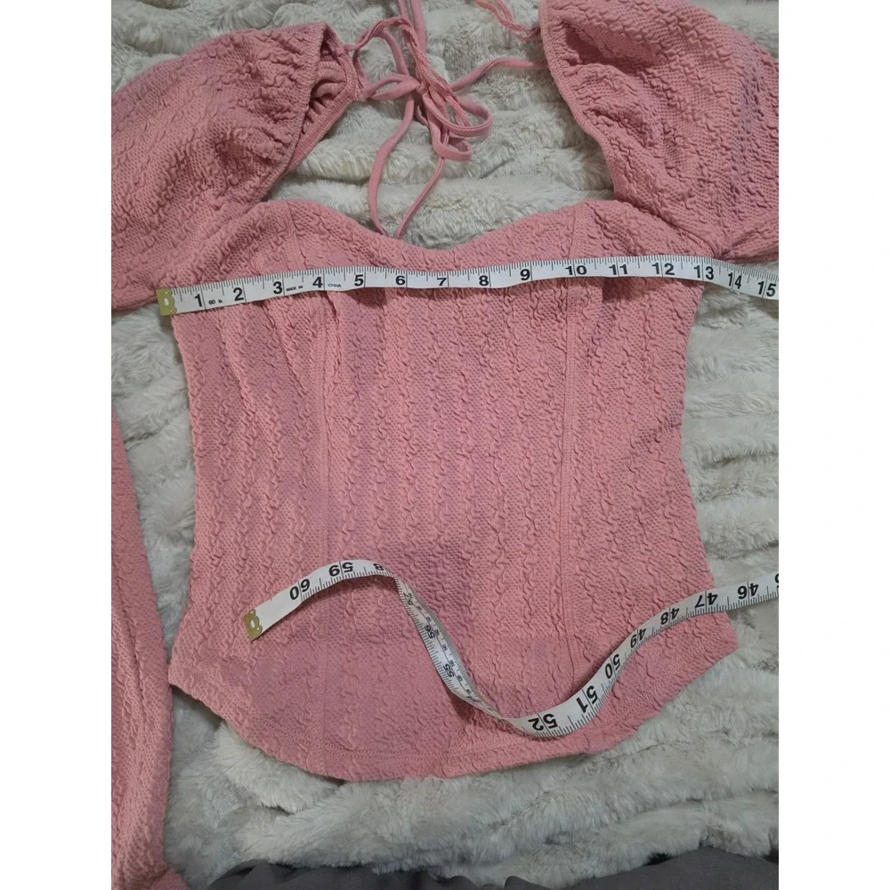 Free People Pink Textured Long Sleeve Corset Tie Back Top XS OB1192818
